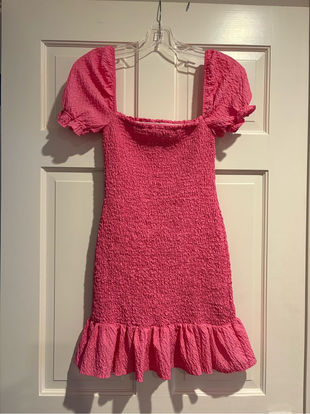 Zara Pink Smocked Puff-Sleeve Mini Dress with Ruffle Hem